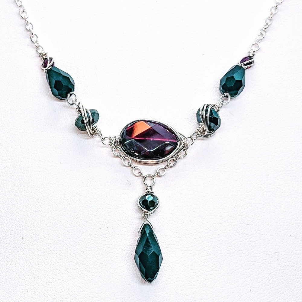 Garnet, hematite, blk.crystal & sterling  necklace